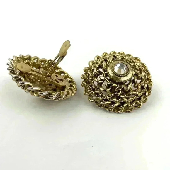 VTG Gold Tone Metal Clip On Earrings CRAFT Signed Rhinestone Center Rope Chain - Picture 9 of 12